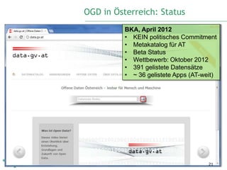 OGD in Österreich: Status
          BKA, April 2012
          • KEIN politisches Commitment
          • Metakatalog für AT
          • Beta Status
          • Wettbewerb: Oktober 2012
          • 391 gelistete Datensätze
          • ~ 36 gelistete Apps (AT-weit)




                                      21
 