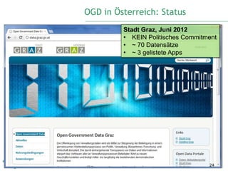 OGD in Österreich: Status
         Stadt Graz, Juni 2012
         • KEIN Politisches Commitment
         • ~ 70 Datensätze
         • ~ 3 gelistete Apps




                                   24
 