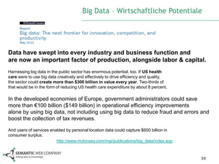 Big Data – Wirtschaftliche Potentiale




Data have swept into every industry and business function and
are now an important factor of production, alongside labor & capital.
Harnessing big data in the public sector has enormous potential, too. If US health
care were to use big data creatively and effectively to drive efficiency and quality,
the sector could create more than $300 billion in value every year. Two-thirds of
that would be in the form of reducing US health care expenditure by about 8 percent.

In the developed economies of Europe, government administrators could save
more than €100 billion ($149 billion) in operational efficiency improvements
alone by using big data, not including using big data to reduce fraud and errors and
boost the collection of tax revenues.

And users of services enabled by personal location data could capture $600 billion in
consumer surplus.
                         http://www.mckinsey.com/mgi/publications/big_data/index.asp



                                                                                        59
 