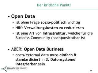 Der kritische Punkt!


• Open Data
  • ist ohne Frage sozio-politisch wichtig
  • Hilft Verwaltungskosten zu reduzieren
  • Ist eine Art von Infrastruktur, welche für die
    Business Community (noch)unsichtbar ist


• ABER: Open Data Business
  • open/external data muss einfach &
    standardisiert in 3. Datensysteme
    integrierbar sein
                                                68
 