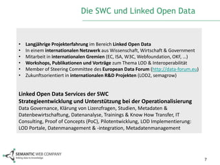 Die SWC und Linked Open Data


•   Langjährige Projekterfahrung im Bereich Linked Open Data
•   In einem internationalen Netzwerk aus Wissenschaft, Wirtschaft & Government
•   Mitarbeit in internationalen Gremien (EC, ISA, W3C, Webfoundation, OKF, …)
•   Workshops, Publikationen und Vorträge zum Thema LOD & Interoperabilität
•   Member of Steering Committee des European Data Forum (http://data-forum.eu)
•   Zukunftsorientiert in internationalen R&D Projekten (LOD2, semagrow)


Linked Open Data Services der SWC
Strategieentwicklung und Unterstützung bei der Operationalisierung
Data Governance, Klärung von Lizenzfragen, Studien, Metadaten &
Datenbewirtschaftung, Datenanalyse, Trainings & Know How Transfer, IT
Consulting, Proof of Concepts (PoC), Pilotentwicklung, LOD Implementierung:
LOD Portale, Datenmanagement & -integration, Metadatenmanagement




                                                                                  7
 