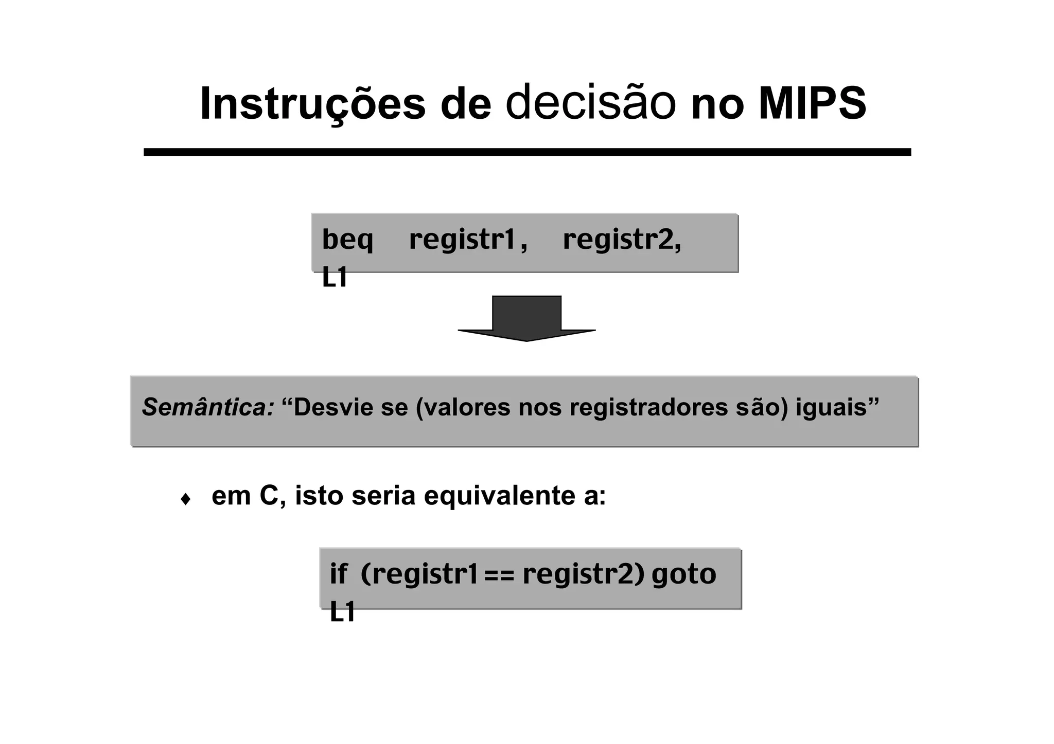 Instruções de decisão no MIPS
♦ em C, isto seria equivalente a:
beq registr1, registr2,
L1
Semântica: “Desvie se (valores nos registradores são) iguais”
if (registr1== registr2) goto
L1
 