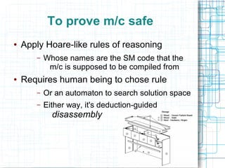 To prove m/c safe
● Apply Hoare-like rules of reasoning
– Whose names are the SM code that the
m/c is supposed to be compiled from
● Requires human being to chose rule
– Or an automaton to search solution space
– Either way, it's deduction-guided
disassembly
 