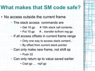What makes that SM code safe?
● No access outside the current frame
– The stack access commands are
● Get 10 gp # 10th stack cell contents..
● Put 10 gp # .. transfer to/from reg gp
– If all access offsets in current frame range
● Only one way to access stack content..
● By offset from current stack pointer
– Can only make new frame, not shift sp
● Push 32
– Can only return sp to value saved earlier
● Cspt gp … rspf gp
 