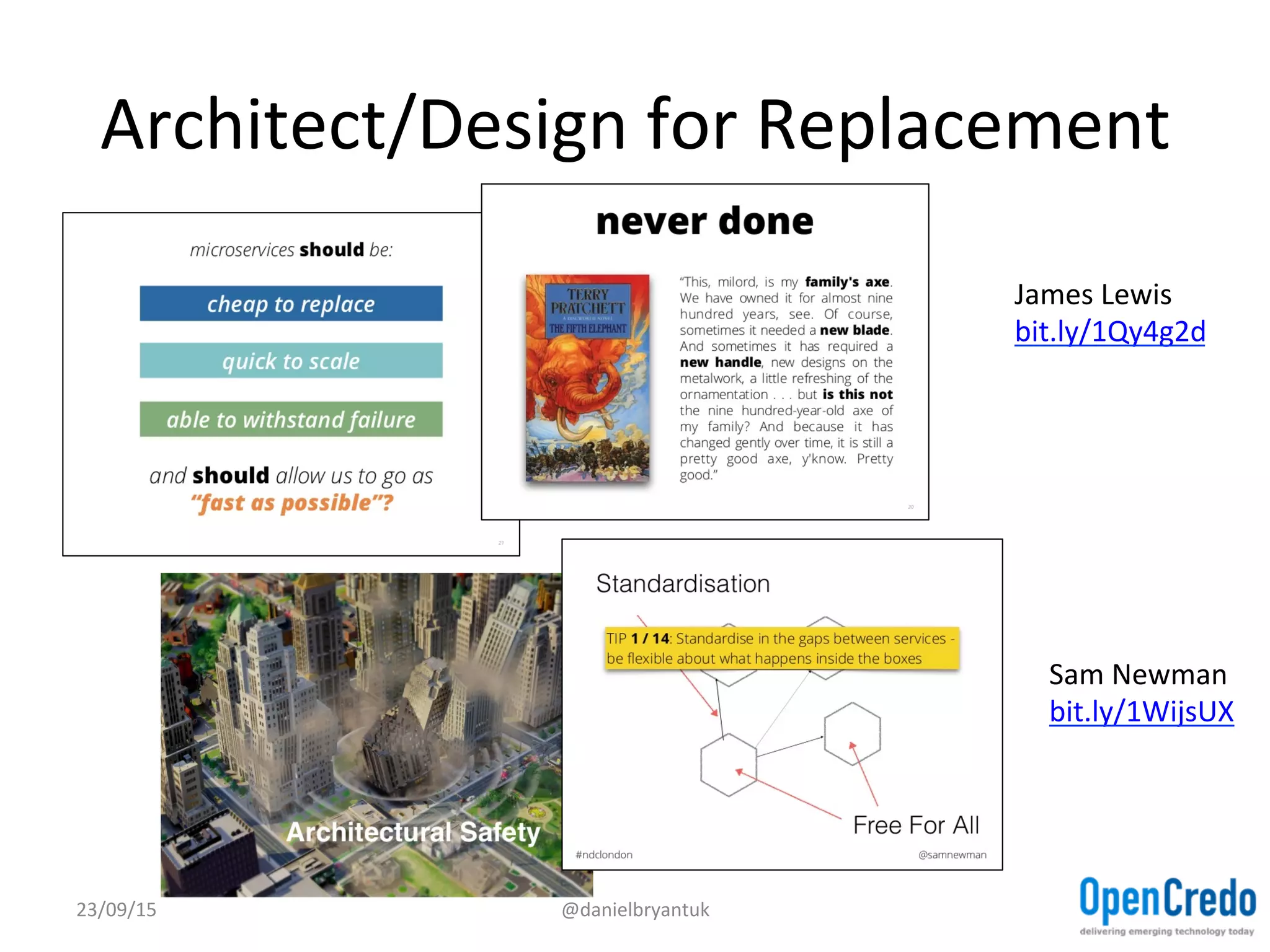 Architect/Design	
  for	
  Replacement	
  
23/09/15	
   @danielbryantuk	
  
James	
  Lewis	
  
bit.ly/1Qy4g2d	
  	
  
Sam	
  Newman	
  
bit.ly/1WijsUX	
  	
  
 