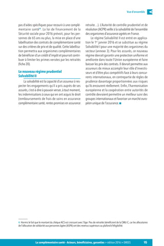 15La complémentaire santé – Acteurs, bénéficiaires, garanties  édition 2016  DREES
Vue d’ensemble
pas d’aides spécifiques pour recourir à une complé-
mentaire santé4
. La loi de financement de la
Sécurité sociale pour 2016 prévoit, pour les per-
sonnes de 65 ans ou plus, la mise en place d’une
labellisation des contrats de complémentaire santé
sur des critères de prix et de qualité. Cette labellisa-
tion permettra aux organismes complémentaires
de bénéficier d’un crédit d’impôt et pourrait contri-
buer à limiter les primes versées par les retraités
(fiche 20).
Le nouveau régime prudentiel
Solvabilité II
La solvabilité est la capacité d’un assureur à res-
pecter les engagements qu’il a pris auprès de ses
assurés, c’est-à-dire à pouvoir verser, à tout moment,
les indemnisations à ceux qui en ont acquis le droit
(remboursements de frais de soins en assurance
complémentaire santé, rentes promises en assurance
4. Hormis le fait que le montant du chèque ACS est croissant avec l’âge. Peu de retraités bénéficient de la CMU-C, car les allocataires
de l’allocation de solidarité aux personnes âgées (ASPA) ont des revenus supérieurs au plafond d’éligibilité.
retraite…). L’Autorité de contrôle prudentiel et de
résolution (ACPR) veille à la solvabilité de l’ensemble
des organismes d’assurance agréés en France.
Le régime Solvabilité II est entré en applica-
tion le 1er
 janvier 2016 et se substitue au régime
Solvabilité I pour une majorité des organismes du
secteur (annexe 3). Pour les assurés, ce nouveau
régime devrait garantir une protection uniforme et
améliorée dans toute l’Union européenne et faire
baisser les prix des contrats. Il devrait permettre aux
assureurs de mieux accomplir leur rôle d’investis-
seurs et d’être plus compétitifs face à leurs concur-
rents internationaux, en contrepartie de règles de
prudence davantage proportionnées aux risques
qu’ils encourent réellement. Enfin, l’harmonisation
européenne et la coopération entre autorités de
contrôle devraient permettre un meilleur suivi des
groupes internationaux et favoriser un marché euro-
péen unique de l’assurance. 
 