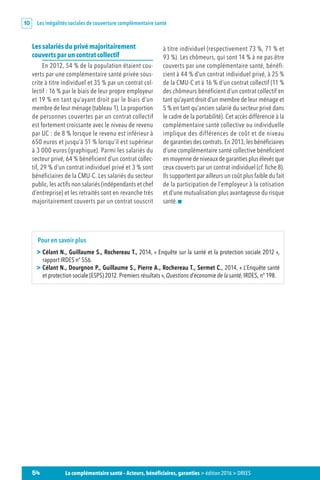 Les inégalités sociales de couverture complémentaire santé10
54 La complémentaire santé – Acteurs, bénéficiaires, garanties  édition 2016  DREES
Les salariés du privé majoritairement
couverts par un contrat collectif
En 2012, 54 % de la population étaient cou-
verts par une complémentaire santé privée sous-
crite à titre individuel et 35 % par un contrat col-
lectif : 16 % par le biais de leur propre employeur
et 19 % en tant qu’ayant droit par le biais d’un
membre de leur ménage (tableau 1). La proportion
de personnes couvertes par un contrat collectif
est fortement croissante avec le niveau de revenu
par UC : de 8 % lorsque le revenu est inférieur à
650 euros et jusqu’à 51 % lorsqu’il est supérieur
à 3 000 euros (graphique). Parmi les salariés du
secteur privé, 64 % bénéficient d’un contrat collec-
tif, 29 % d’un contrat individuel privé et 3 % sont
bénéficiaires de la CMU-C. Les salariés du secteur
public, les actifs non salariés (indépendants et chef
d’entreprise) et les retraités sont en revanche très
majoritairement couverts par un contrat souscrit
à titre individuel (respectivement 73 %, 71 % et
93 %). Les chômeurs, qui sont 14 % à ne pas être
couverts par une complémentaire santé, bénéfi-
cient à 44 % d’un contrat individuel privé, à 25 %
de la CMU-C et à 16 % d’un contrat collectif (11 %
des chômeurs bénéficient d’un contrat collectif en
tant qu’ayant droit d’un membre de leur ménage et
5 % en tant qu’ancien salarié du secteur privé dans
le cadre de la portabilité). Cet accès différencié à la
complémentaire santé collective ou individuelle
implique des différences de coût et de niveau
de garanties des contrats. En 2013, les bénéficiaires
d’une complémentaire santé collective bénéficient
en moyenne de niveaux de garanties plus élevés que
ceux couverts par un contrat individuel (cf. fiche 8).
Ils supportent par ailleurs un coût plus faible du fait
de la participation de l’employeur à la cotisation
et d’une mutualisation plus avantageuse du risque
santé. 
Pour en savoir plus
 Célant N., Guillaume S., Rochereau T., 2014, « Enquête sur la santé et la protection sociale 2012 »,
rapport IRDES n° 556.
 Célant N., Dourgnon P., Guillaume S., Pierre A., Rochereau T., Sermet C., 2014, « L’Enquête santé
et protection sociale (ESPS) 2012. Premiers résultats », Questions d’économie de la santé, IRDES, n° 198.
 