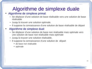 Algorithme de simplexe duale
• Algorithme de simplexe primal:
   – Se déplacer d’une solution de base réalisable vers une solution de base
     réalisable
   – Jusqu’à trouver une solution optimale.
   – Il suppose la connaissance d’une solution de base réalisable de départ
• Algorithme de simplexe dual:
   – Se déplacer d’une solution de base non réalisable mais optimale vers
     une solution de base non réalisable mais optimale
   – Jusqu’à trouver une solution réalisable.
   – Il suppose la connaissance d’une solution de départ
      • de base non réalisable
      • optimale




                                                                               11
 