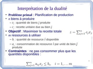 Interprétation de la dualité
• Problème primal : Planification de production
• n biens à produire
   – xj : quantité de biens j produite
   – cj : recette unitaire due au bien j
• Objectif : Maximiser la recette totale
• m ressources à utiliser
   – bi : quantité de ressource i disponible
   – aij : consommation de ressource i par unité de bien j
     produite
• Contraintes : ne pas consommer plus que les
  quantités disponibles :
                                                             3
 