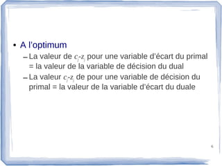 • A l’optimum
  – La valeur de cj-zj pour une variable d’écart du primal
    = la valeur de la variable de décision du dual
  – La valeur cj-zj de pour une variable de décision du
    primal = la valeur de la variable d’écart du duale




                                                             6
 