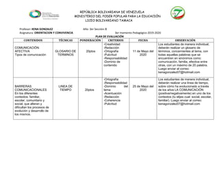 Plan de Evaluación de ORIENTACIÓN Y CONVIVENCIA de 3er año E Prof KENA ...
