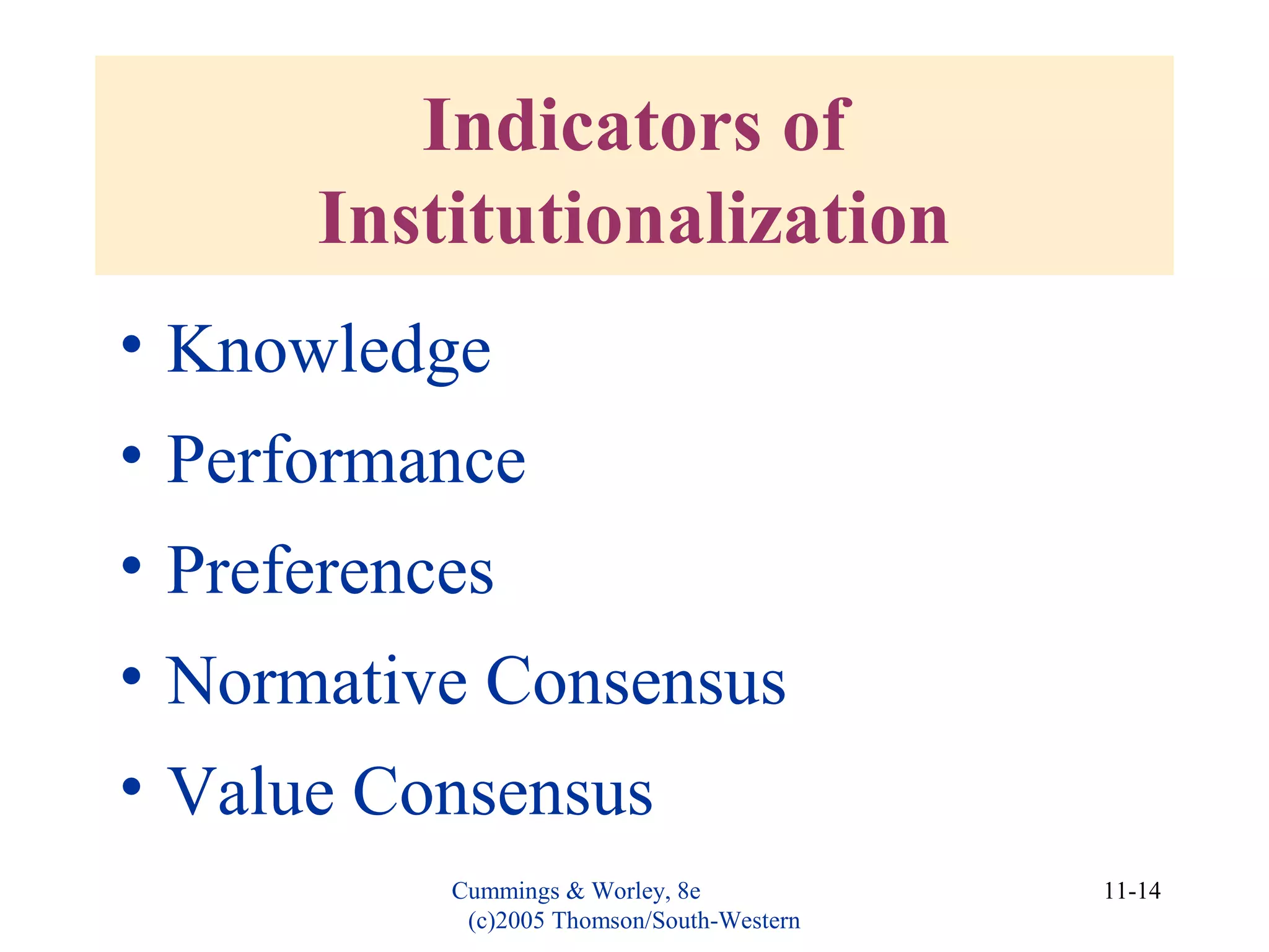 Cummings & Worley, 8e
(c)2005 Thomson/South-Western
11-14
Indicators of
Institutionalization
• Knowledge
• Performance
• Preferences
• Normative Consensus
• Value Consensus
 