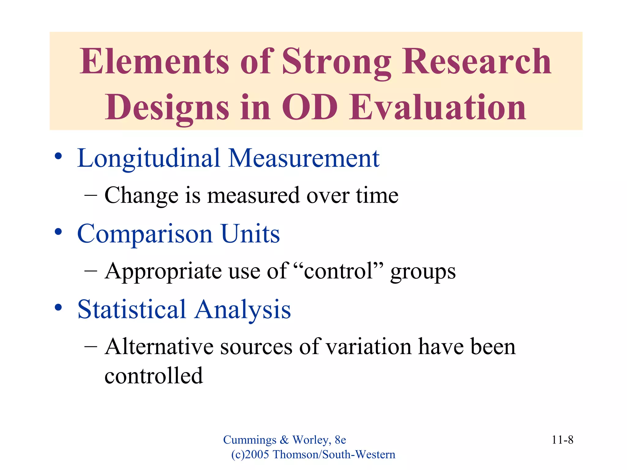 Cummings & Worley, 8e
(c)2005 Thomson/South-Western
11-8
Elements of Strong Research
Designs in OD Evaluation
• Longitudinal Measurement
– Change is measured over time
• Comparison Units
– Appropriate use of “control” groups
• Statistical Analysis
– Alternative sources of variation have been
controlled
 