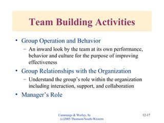 Cummings & Worley, 8e
(c)2005 Thomson/South-Western
12-17
Team Building Activities
• Group Operation and Behavior
– An inward look by the team at its own performance,
behavior and culture for the purpose of improving
effectiveness
• Group Relationships with the Organization
– Understand the group’s role within the organization
including interaction, support, and collaboration
• Manager’s Role
 