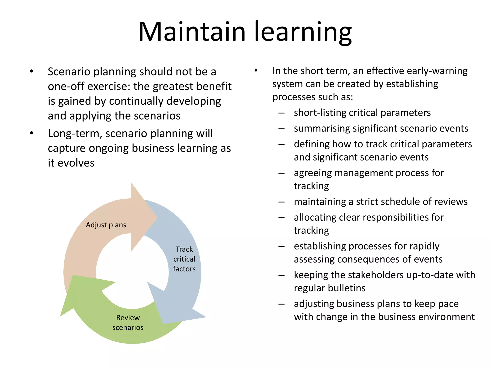 Maintain learning
• Scenario planning should not be a
one-off exercise: the greatest benefit
is gained by continually developing
and applying the scenarios
• Long-term, scenario planning will
capture ongoing business learning as
it evolves
• In the short term, an effective early-warning
system can be created by establishing
processes such as:
– short-listing critical parameters
– summarising significant scenario events
– defining how to track critical parameters
and significant scenario events
– agreeing management process for
tracking
– maintaining a strict schedule of reviews
– allocating clear responsibilities for
tracking
– establishing processes for rapidly
assessing consequences of events
– keeping the stakeholders up-to-date with
regular bulletins
– adjusting business plans to keep pace
with change in the business environmentReview
scenarios
Track
critical
factors
Adjust plans
 