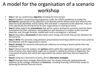 A model for the organisation of a scenario
workshop
• Step 1: Set up a preliminary objective including the time horizon
• Step 2: Establish a broad learning programme under the STEEPV guidelines to enable the
boundaries appropriate to the objective to be derived and the broad trends that influence the
objective to be identified; and by asking ‘who and what’ is important to the objective, map out
more specifically the driving forces for your organisation in creating its future
• Step 3: Make explicit the assumptions that will be used in writing the scenarios; examine these
assumptions for their relevance, reasonableness and robustness in relation to the assumed
objective; and, through iteration, modify both until a convergence is achieved
• Step 4: Assemble a framework of alternative event strings and trends that are the skeletons for
the scenarios
• Step 5: Write the scenarios using whatever presentational technique seems to be most suited to
the objective and the organisation’s culture
• Step 6: Analyse the scenarios with particular reference to turning or branch points that may
constitute a crisis
• Step 7: Derive from the analysis, the policies within which the organisation ought to work (the
limits of actions the organisation ought not to exceed in seeking to achieve its objective), the
instruments of policy over which the organisation has control and those that are beyond its
control
• Step 8: Using the instruments of policy, derive alternative strategies
• Step 9: Evaluate these strategic alternatives over the chosen timescale, paying particular
attention to the strategic allocation of resources, including financing, and the best routes to
achieving the desired financial returns
 