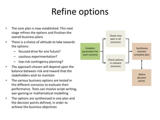 Refine options
• The core plan is now established. This next
stage refines the options and finalises the
overall business plans
• There is a choice of attitude to take towards
the options:
– focused drive for one future?
– cautious experimentation?
– low-risk contingency planning?
• The approach chosen will depend upon the
balance between risk and reward that the
stakeholders wish to maintain
• The various business options are tested in
the different scenarios to evaluate their
performance. Tests can involve script-writing,
war-gaming or mathematical modelling
• The options are synthesised in one plan and
the decision points defined, in order to
achieve the business objectives
Establish
parameters for
each scenario
Check core
plan in all
scenarios
Check options
in relevant
scenarios
Synthesise
and test
complete plan
Refine
decision
points
 