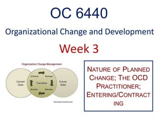 OC 6440
Organizational Change and Development
NATURE OF PLANNED
CHANGE; THE OCD
PRACTITIONER;
ENTERING/CONTRACT
ING
Week 3
 