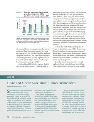 FIGURE 1 Emerging economies’ share in global                         action plan on food price volatility and agriculture.
                                  gross domestic product (GDP),                      And on October 30, 2011, the agriculture min-
                                  population, and crop production, 2011              isters of Brazil, China, India, and Russia met in
                                                                                     Chengdu, China, to discuss agricultural develop-
                            30
                                  Brazil                                             ment and cooperation among themselves and with
                            25
                                                                                     other developing countries. These ministers believe
               Percentage



                                  China
                            20
                                  India                                              that the stable and robust agricultural develop-
                            15
                                                                                     ment of their countries is important to world food
                            10
                                                                                     security and see this as an especially critical strat-
                            5
                                                                                     egy for reducing hunger in the South.2 Emerging
                            0
                                 GDP       Population   Maize    Rice     Wheat      economies increasingly affect growth and develop-
                                                                                     ment prospects in developing countries through
               Source: GDP and population data are from the International Finance    direct links, such as aid, trade, and foreign direct
               Corporation. Crop production data are from the Food and Agriculture
               Organization of the United Nations, FAOSTAT database, faostat.fao.
                                                                                     investments, and through indirect linkages, such as
               org.  Note: Share of crop production is for 2010.                     commodity prices and competition in Third-World
                                                                                     markets.3
                                                                                         In December 2011, the Fourth High-Level
               the principal forum for managing global economic                      Forum on Aid Effectiveness, held in Busan, South
               problems. These emerging economies are chang-                         Korea, highlighted the increasing importance of
               ing the structure and nature of the global landscape                  South–South cooperation in development.4 South–
               and global governance, and their important role in                    South cooperation is now seen as a seamless part of
               addressing global food security, in particular, was                   the International Fund for Agricultural Develop-
               frequently acknowledged and discussed at high-                        ment’s country program.5
               level ministerial meetings in 2011.                                       A number of emerging economies—includ-
                  On June 22 and 23, 2011, for example, the G20                      ing Brazil, China, India, Malaysia, South Africa,
               agricultural ministers met in Paris to develop an                     Turkey, and a number of countries in the Middle




BOX 12


China and African Agriculture: Rumors and Realities
Deborah Brautigam, IFPRI


S  eparating rumors from realities about
   Chinese engagement in African
agriculture is not easy. Reports have
                                                        agriculture is both more diverse and
                                                        smaller than is often believed.
                                                            Take Chinese aid, for example.
                                                                                                       Thus, in an experiment launched in
                                                                                                   2006, Chinese aid is financing 20 agro-
                                                                                                   technology research, training, and dem-
claimed the Chinese set up a US$5 bil-                  Between 1964 and 2009, Chinese aid         onstration centers in Africa. A Chinese
lion fund for African agriculture, sent a               teams constructed at least 142 agricul-    research institute or agribusiness firm
million farm workers to Africa, pledged                 tural projects, including state farms,     is building each one at a cost of US$6
US$800 million to modernize agriculture                 irrigation schemes, and demonstra-         to 9 million. The centers will specialize
in Mozambique, or farmed huge tracts                    tion centers for African governments.      in activities chosen by the host country.
in Zimbabwe or Ethiopia. Fieldwork by                   Yet these projects’ poor sustainabil-      For example, Ethiopia wants its center to
several researchers presents a different                ity caused the Chinese to revise their     demonstrate the complete value chain for
picture: Chinese engagement in African                  approach and give Chinese companies a      horticulture exports. China will provide
                                                        leadership role.                           additional aid to help run each center


70  Stepping into the Global Food System
 