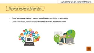 SOCIEDAD DE LA INFORMACIÓN
Nuevos sectores laborales
- Crean puestos de trabajo y nuevas modalidades de trabajo: el teletrabajo
- Con el teletrabajo, se realiza todo utilizando las redes de comunicación
 