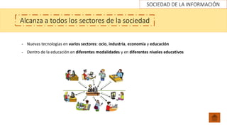 SOCIEDAD DE LA INFORMACIÓN
Alcanza a todos los sectores de la sociedad
- Nuevas tecnologías en varios sectores: ocio, industria, economía y educación
- Dentro de la educación en diferentes modalidades y en diferentes niveles educativos
 