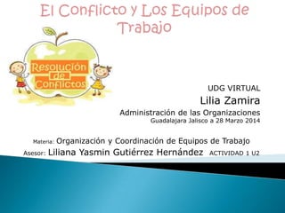 UDG VIRTUAL
Lilia Zamira
Administración de las Organizaciones
Guadalajara Jalisco a 28 Marzo 2014
Materia: Organización y Coordinación de Equipos de Trabajo
Asesor: Liliana Yasmin Gutiérrez Hernández ACTIVIDAD 1 U2
 
