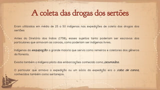 A coleta das drogas dos sertões
Eram utilizados em média de 25 a 50 indígenas nas expedições de coleta das drogas dos
sertões
Antes do Diretório dos índios (1758), esses sujeitos tanto poderiam ser escravos dos
particulares que armavam as canoas, como poderiam ser indígenas livres.
Indígenas da esquipação: a grande maioria que servia como remeiros e coletores dos gêneros
da floresta.
Existia também o indígena piloto das embarcações conhecido como jacumaúba.
O particular que armava a expedição ou um sócio da expedição era o cabo de canoa,
conhecidos também como sertanejos.
 