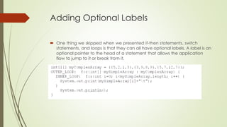 Adding Optional Labels
 One thing we skipped when we presented if-then statements, switch
statements, and loops is that they can all have optional labels. A label is an
optional pointer to the head of a statement that allows the application
flow to jump to it or break from it.
 