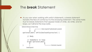 The break Statement
 As you saw when working with switch statements, a break statement
transfers the flow of control out to the enclosing statement. The same holds
true for break statements that appear inside of while, do-while, and for
loops, as it will end the loop early.
 