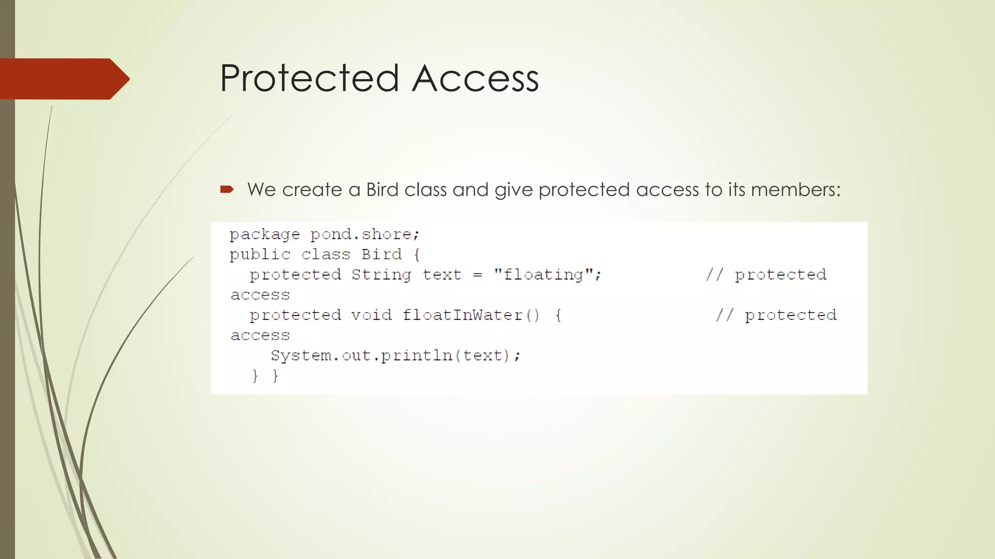 Protected Access
 We create a Bird class and give protected access to its members:
 