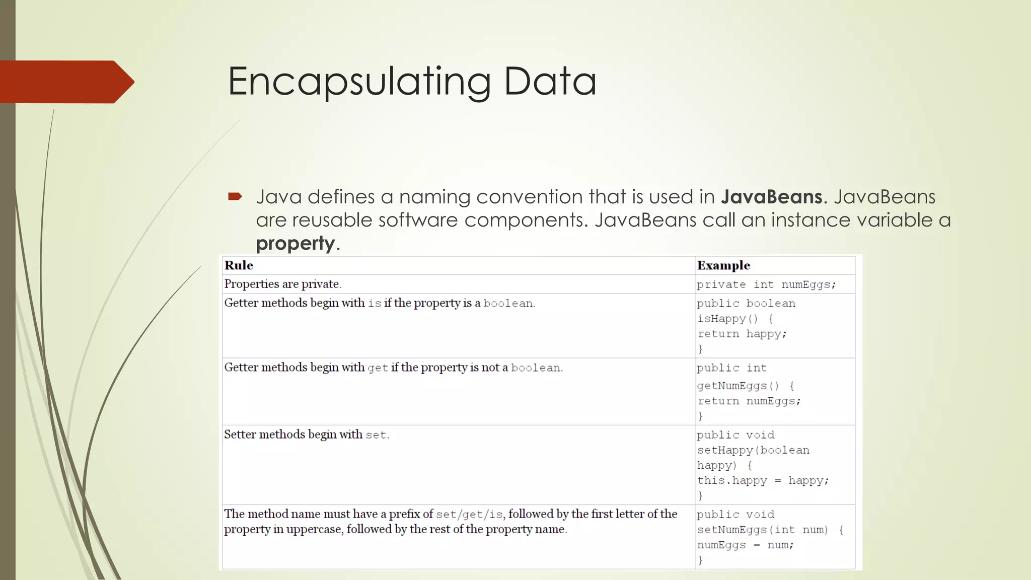 Encapsulating Data
 Java defines a naming convention that is used in JavaBeans. JavaBeans
are reusable software components. JavaBeans call an instance variable a
property.
 
