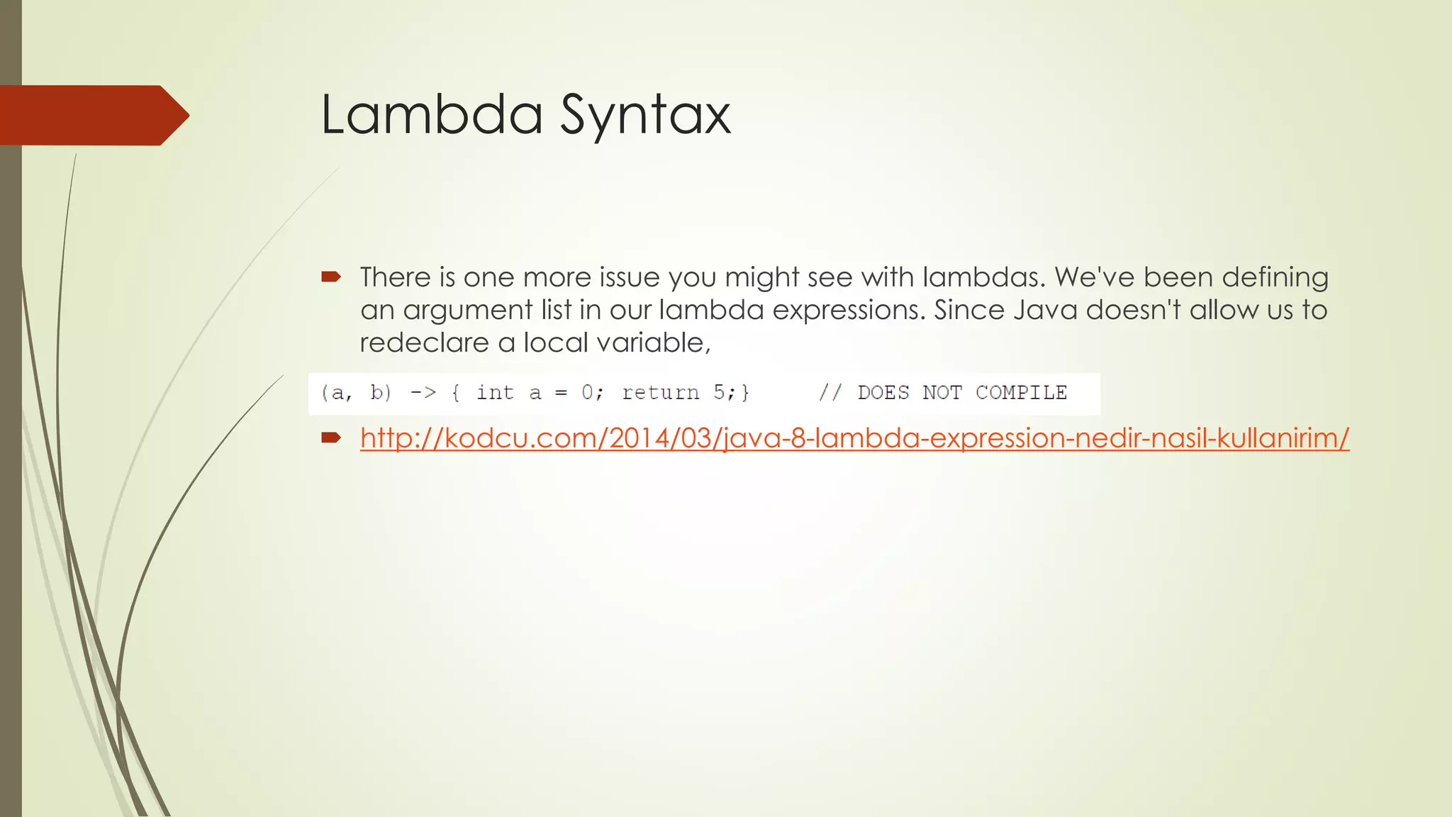 Lambda Syntax
 There is one more issue you might see with lambdas. We've been defining
an argument list in our lambda expressions. Since Java doesn't allow us to
redeclare a local variable,
 http://kodcu.com/2014/03/java-8-lambda-expression-nedir-nasil-kullanirim/
 