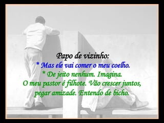 Papo de vizinho: * Mas ele vai comer o meu coelho. * De jeito nenhum. Imagina.  O meu pastor é filhote. Vão crescer juntos,  pegar amizade. Entendo de bicho.   