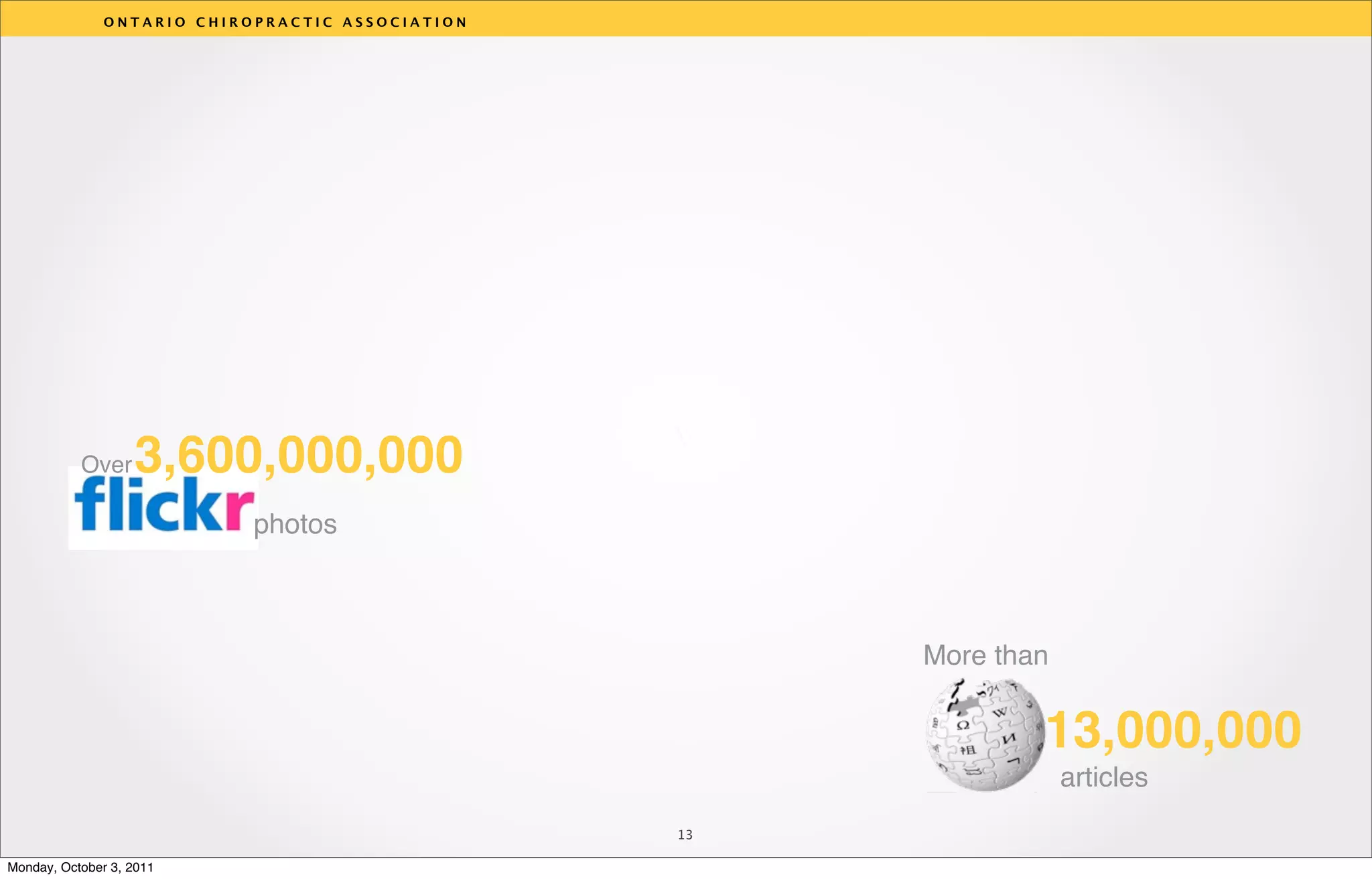 ONTARIO CHIROPRACTIC ASSOCIATION




                                                  v
           Over    3,600,000,000
                            photos



                                                       More than

                                                               13,000,000
                                                                   articles
                                                  13

Monday, October 3, 2011
 