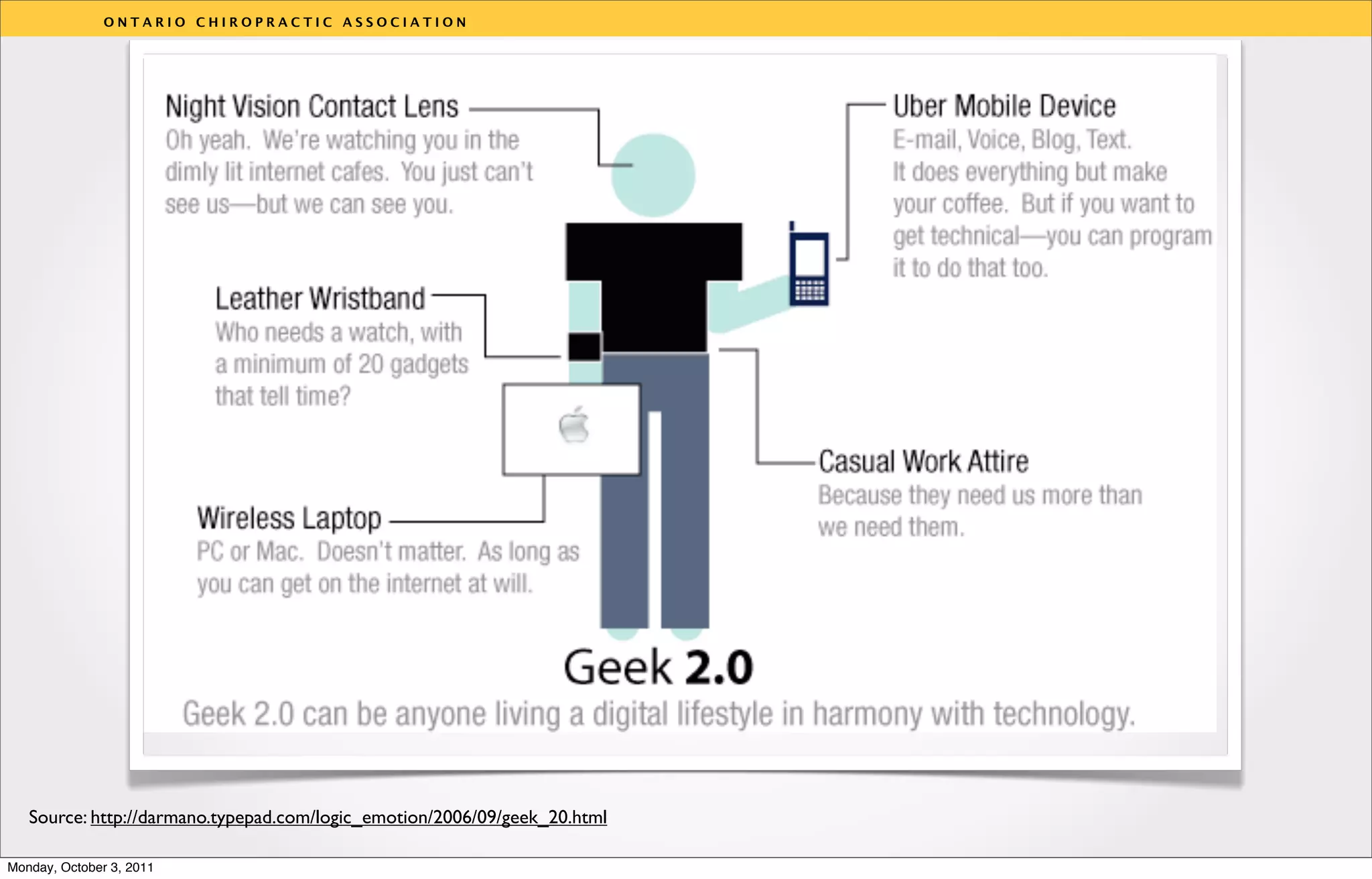 ONTARIO CHIROPRACTIC ASSOCIATION




                                                                           v




   Source: http://darmano.typepad.com/logic_emotion/2006/09/geek_20.html

Monday, October 3, 2011
 