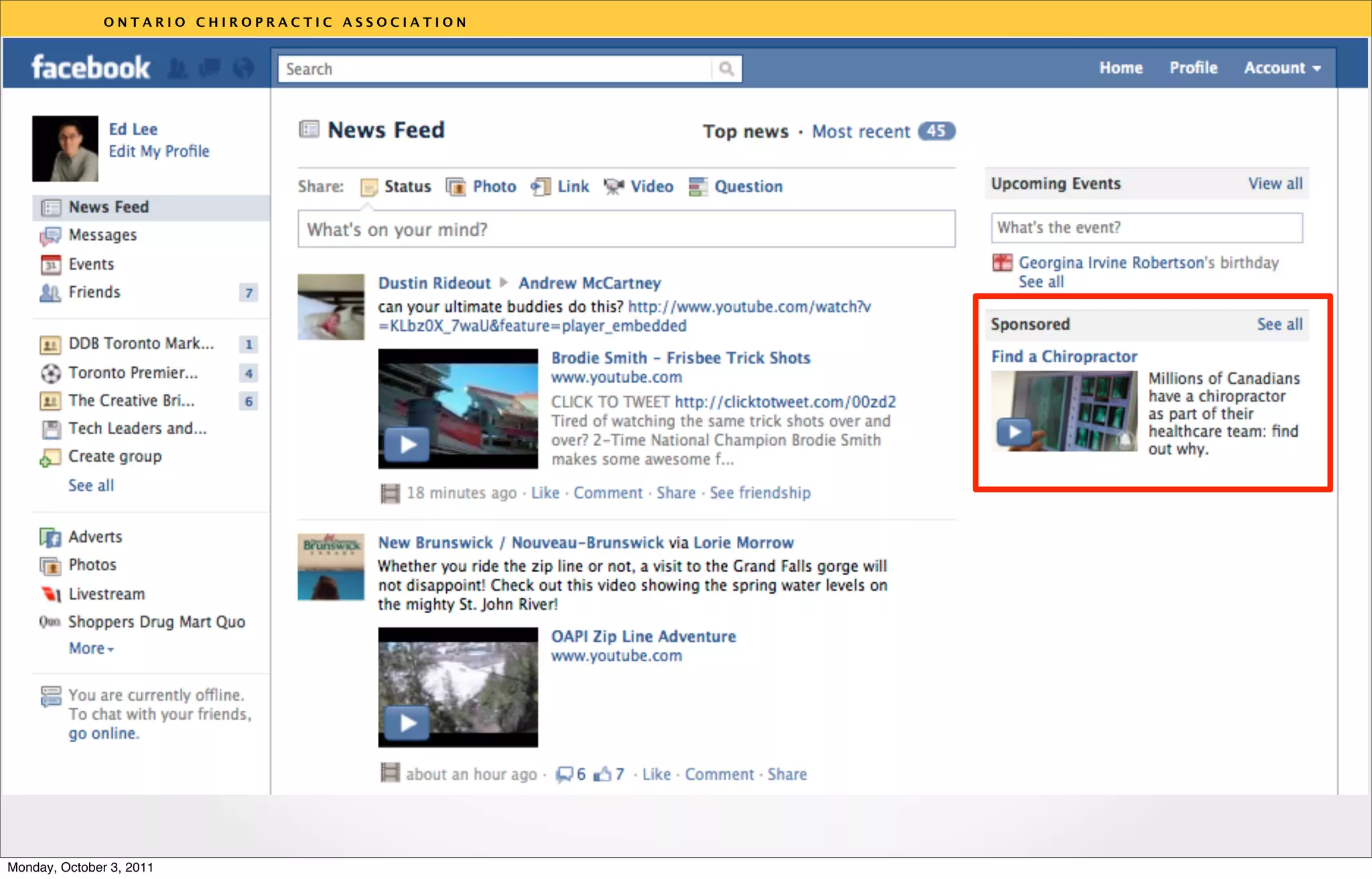 ONTARIO CHIROPRACTIC ASSOCIATION




                                                  v




Monday, October 3, 2011
 