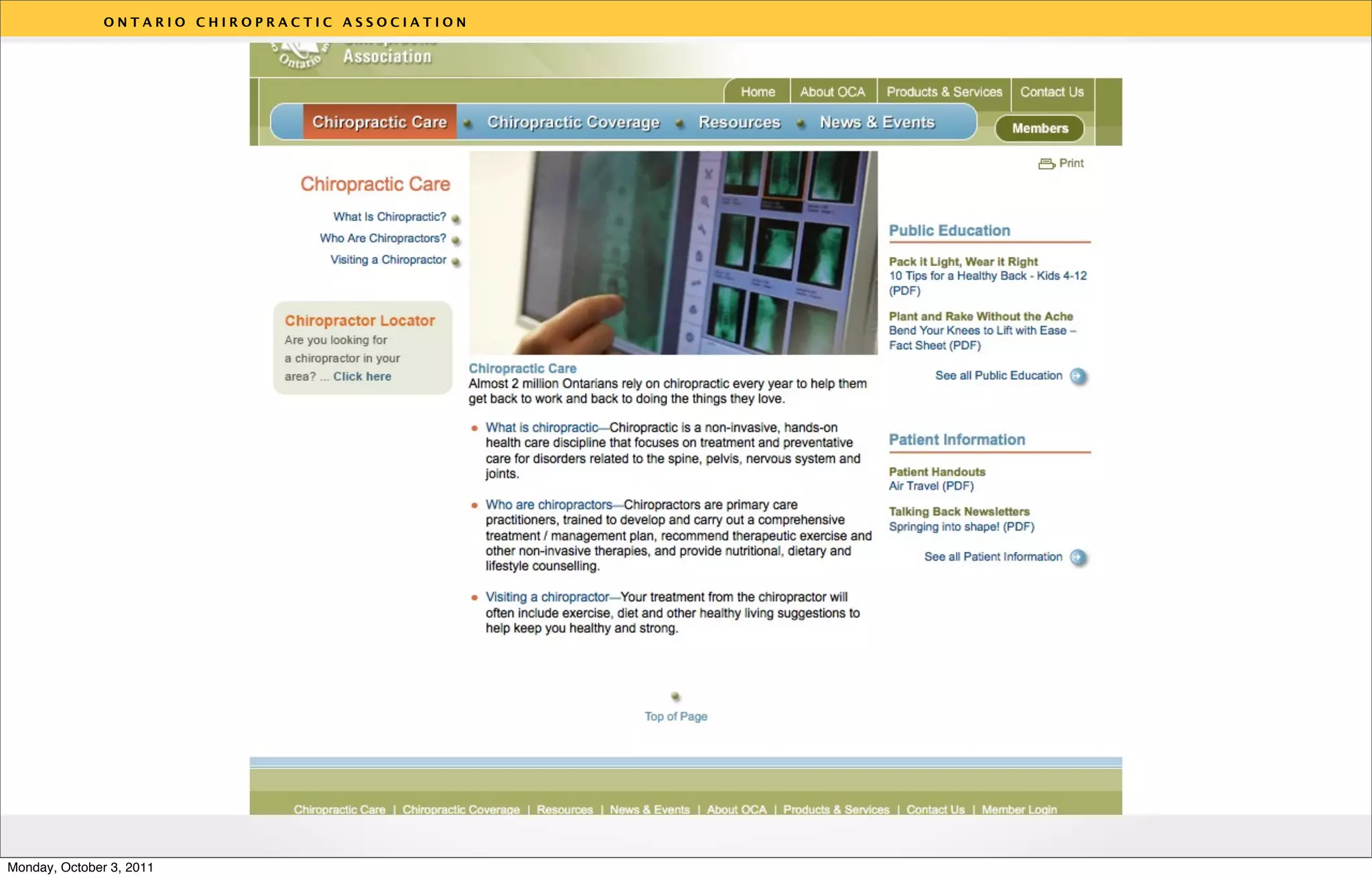 ONTARIO CHIROPRACTIC ASSOCIATION




                                                  v




Monday, October 3, 2011
 