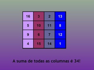16 3 2 13
5 10 11 8
9 6 7 12
4 15 14 1
A suma de todas as columnas é 34!
 