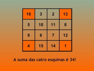 16 3 2 13
5 10 11 8
9 6 7 12
4 15 14 1
A suma das catro esquinas é 34!
 