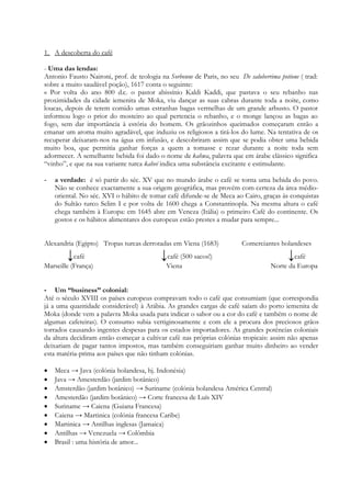 1. A descoberta do café

- Uma das lendas:
Antonio Fausto Naironi, prof. de teologia na Sorbonne de Paris, no seu De saluberrima potione ( trad:
sobre a muito saudável poção), 1617 conta o seguinte:
« Por volta do ano 800 d.c. o pastor abissínio Kaldi Kaddi, que pastava o seu rebanho nas
proximidades da cidade iemenita de Moka, viu dançar as suas cabras durante toda a noite, como
loucas, depois de terem comido umas estranhas bagas vermelhas de um grande arbusto. O pastor
informou logo o prior do mosteiro ao qual pertencia o rebanho, e o monge lançou as bagas ao
fogo, sem dar importância à estória do homem. Os grãozinhos queimados começaram então a
emanar um aroma muito agradável, que induziu os religiosos a tirá-los do lume. Na tentativa de os
recuperar deixaram-nos na água em infusão, e descobriram assim que se podia obter uma bebida
muito boa, que permitia ganhar forças a quem a tomasse e rezar durante a noite toda sem
adormecer. A semelhante bebida foi dado o nome de kahwa, palavra que em árabe clássico significa
“vinho”, e que na sua variante turca kahvé indica uma substância excitante e estimulante.

-   a verdade: é só partir do séc. XV que no mundo árabe o café se torna uma bebida do povo.
    Não se conhece exactamente a sua origem geográfica, mas provém com certeza da área médio-
    oriental. No séc. XVI o hábito de tomar café difunde-se de Meca ao Cairo, graças às conquistas
    do Sultão turco Selim I e por volta de 1600 chega a Constantinopla. Na mesma altura o café
    chega também à Europa: em 1645 abre em Veneza (Itália) o primeiro Café do continente. Os
    gostos e os hábitos alimentares dos europeus estão prestes a mudar para sempre...


Alexandria (Egipto) Tropas turcas derrotadas em Viena (1683)            Comerciantes holandeses
        ↓café                             ↓café (500 sacos!)                             ↓café
Marseille (França)                          Viena                                  Norte da Europa


- Um “business” colonial:
Até o século XVIII os países europeus compravam todo o café que consumiam (que correspondia
já a uma quantidade considerável) à Arábia. As grandes cargas de café saíam do porto iemenita de
Moka (donde vem a palavra Moka usada para indicar o sabor ou a cor do café e também o nome de
algumas cafeteiras). O consumo subia vertiginosamente e com ele a procura dos preciosos grãos
torrados causando ingentes despesas para os estados importadores. As grandes potências coloniais
da altura decidiram então começar a cultivar café nas próprias colónias tropicais: assim não apenas
deixariam de pagar tantos impostos, mas também conseguiriam ganhar muito dinheiro ao vender
esta matéria-prima aos países que não tinham colónias.

   Meca → Java (colónia holandesa, hj. Indonésia)
   Java → Amesterdão (jardim botânico)
   Amsterdão (jardim botânico) → Suriname (colónia holandesa América Central)
   Amesterdão (jardim botânico) → Corte francesa de Luís XIV
   Suriname → Caiena (Guiana Francesa)
   Caiena → Martinica (colónia francesa Caribe)
   Martinica → Antilhas inglesas (Jamaica)
   Antilhas → Venezuela → Colômbia
   Brasil : uma história de amor...
 