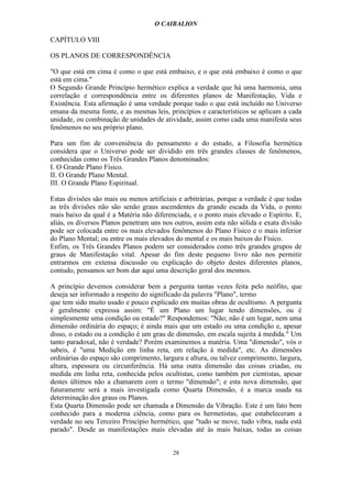 O CAIBALION

CAPÍTULO VIII

OS PLANOS DE CORRESPONDÊNCIA

"O que está em cima é como o que está embaixo, e o que está embaixo é como o que
está em cima."
O Segundo Grande Princípio hermético explica a verdade que há uma harmonia, uma
correlação e correspondência entre os diferentes planos de Manifestação, Vida e
Existência. Esta afirmação é uma verdade porque tudo o que está incluído no Universo
emana da mesma fonte, e as mesmas leis, princípios e característicos se aplicam a cada
unidade, ou combinação de unidades de atividade, assim como cada uma manifesta seus
fenômenos no seu próprio plano.

Para um fim de conveniência do pensamento e do estudo, a Filosofia hermética
considera que o Universo pode ser dividido em três grandes classes de fenômenos,
conhecidas como os Três Grandes Planos denominados:
I. O Grande Plano Físico.
II. O Grande Plano Mental.
III. O Grande Plano Espiritual.

Estas divisões são mais ou menos artificiais e arbitrárias, porque a verdade é que todas
as três divisões não são senão graus ascendentes da grande escada da Vida, o ponto
mais baixo da qual é a Matéria não diferenciada, e o ponto mais elevado o Espírito. E,
aliás, os diversos Planos penetram uns nos outros, assim esta não sólida e exata divisão
pode ser colocada entre os mais elevados fenômenos do Plano Físico e o mais inferior
do Plano Mental; ou entre os mais elevados do mental e os mais baixos do Físico.
Enfim, os Três Grandes Planos podem ser considerados como três grandes grupos de
graus de Manifestação vital. Apesar do fim deste pequeno livro não nos permitir
entrarmos em extensa discussão ou explicação do objeto destes diferentes planos,
contudo, pensamos ser bom dar aqui uma descrição geral dos mesmos.

A princípio devemos considerar bem a pergunta tantas vezes feita pelo neófito, que
deseja ser informado a respeito do significado da palavra "Plano", termo
que tem sido muito usado e pouco explicado em muitas obras de ocultismo. A pergunta
é geralmente expressa assim: "É um Plano um lugar tendo dimensões, ou é
simplesmente uma condição ou estado?" Respondemos: "Não; não é um lugar, nem uma
dimensão ordinária do espaço; é ainda mais que um estado ou uma condição e, apesar
disso, o estado ou a condição é um grau de dimensão, em escala sujeita à medida." Um
tanto paradoxal, não é verdade? Porém examinemos a matéria. Uma "dimensão", vós o
sabeis, é "uma Medição em linha reta, em relação à medida", etc. As dimensões
ordinárias do espaço são comprimento, largura e altura, ou talvez comprimento, largura,
altura, espessura ou circunferência. Há uma outra dimensão das coisas criadas, ou
medida em linha reta, conhecida pelos ocultistas, como também por cientistas, apesar
destes últimos não a chamarem com o termo "dimensão"; e esta nova dimensão, que
futuramente será a mais investigada como Quarta Dimensão, é a marca usada na
determinação dos graus ou Planos.
Esta Quarta Dimensão pode ser chamada a Dimensão da Vibração. Este é um fato bem
conhecido para a moderna ciência, como para os hermetistas, que estabeleceram a
verdade no seu Terceiro Princípio hermético, que "tudo se move, tudo vibra, nada está
parado". Desde as manifestações mais elevadas até às mais baixas, todas as coisas


                                          28
 