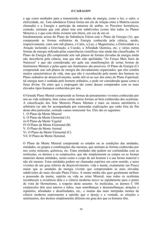 O CAIBALION

e age como mediador para a transmissão de ondas de energia, como a luz, o calor, a
eletricidade, etc. Esta substância Etérea forma um elo de relação entre a Matéria (assim
chamada) e a Energia e participa da natureza de ambas. os Preceitos herméticos,
contudo, ensinam que este plano tem sete subdivisões (como têm todos os Planos
Menores.), e que com efeito existem sete éteres, em vez de um só.
Imediatamente acima do Plano da Substância Etérea está o Plano da Energia (A), que
compreende as formas ordinárias da Energia conhecida pela ciência, sendo,
respectivamente, estes sete sub planos, o Calor, a Luz, o Magnetismo, a Eletricidade e a
Atração incluindo a Gravitação, a Coesão, a Afinidade Química, etc. e várias outras
formas de energia indicada pelas experiências científicas mas ainda não classificadas. O
Plano da Energia (B) compreende sete sub planos de formas elevadas da energia ainda
não descoberta pela ciência, mas que têm sido apelidadas "As Forças Mais Sutis da
Natureza" e que são consideradas em ação nas manifestações de certas formas de
fenômenos Mentais e pelas quais tais fenômenos são possíveis. O Plano da Energia (C)
compreende sete sub planos de energia tão elevadamente organizados, que eles contêm
muitos característicos da vida, mas que não é reconhecido pela mente dos homens no
Plano ordinário de desenvolvimento, sendo útil só ao uso dos entes do Plano Espiritual;
tal energia nem é sonhada pelo homem ordinário, e pode ser considerada quase como a
força divina. Os entes que a empregam são como deuses comparados com os mais
elevados tipos humanos conhecidos por nós,

O Grande Plano Mental compreende as formas de pensamentos viventes conhecidas por
nós na vida ordinária, bem como certas outras formas só bem conhecidas dos ocultistas.
A classificação dos Sete Menores Planos Mentais é mais ou menos satisfatória e
arbitrária (se não for acompanhada por esmeradas explicações que estão fora do fim
desta obra particular; contudo vamos mencioná−los. Eles são os seguintes:
l . O Plano da Mente Mineral
li. O Plano da Mente Elemental (A)
iii.O Plano da Mente Vegetal
IV.O Plano da Mente Elemental (B)
V. O Plano da Mente Animal
Vi. O Plano da Mente Elemental (C)
Vil. O Plano da Mente Hominal.

O Plano da Mente Mineral compreende os estados ou as condições das unidades,
entidades, ou grupos e combinações das mesmas, que animam as formas conhecidas por
nós como minerais, químicas, etc. Estas entidades não podem ser confundidas com as
moléculas, os átomos e os corpúsculos, que são simplesmente os corpos ou as formas
materiais destas entidades, assim como o corpo de um homem é a sua forma material e
não ele mesmo. Estas entidades podem ser chamadas espíritos em certo sentido, e seres
viventes de um grau inferior de desenvolvimento, vida e mente, exatamente um Pouco
maior que as unidades da energia vivente que compreendem as mais elevadas
subdivisões do mais elevado Plano Físico. A mente média não quer geralmente atribuir
a possessão da mente, espírito ou vida ao reino Mineral, mas todos os ocultistas
reconhecem a existência dela e a ciência moderna move−se rapidamente para o ponto
de vista do Hermetismo, a respeito deste assunto. As moléculas, os átomos C OS
corpúsculos têm seus amores e ódios, suas semelhanças e dessemelhanças, atrações e
repulsões, afinidades e desafinidades, etc., e muitas das mais intrépidas mentes de
ciência moderna expressaram a opinião que o desejo e a vontade, as eitoções e
sentimentos, dos átomos simplesmente diferem em grau dos que os homens têm.


                                          30
 