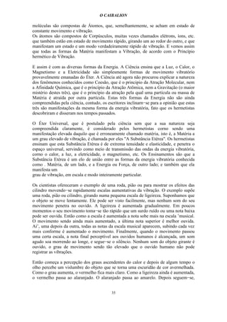 O CAIBALION

moléculas são compostas de Átomos, que, semelhantemente, se acham em estado de
constante movimento e vibração.
Os átomos são compostos de Corpúsculos, muitas vezes chamados elétrons, íons, etc.
que também estão em estado de movimento rápido, girando um ao redor do outro, e que
manifestam um estado e um modo verdadeiramente rápido de vibração. E vemos assim
que todas as formas da Matéria manifestam a Vibração, de acordo com o Princípio
hermético de Vibração.

E assim é com as diversas formas da Energia. A Ciência ensina que a Luz, o Calor, o
Magnetismo e a Eletricidade são simplesmente formas de movimento vibratórío
provavelmente emanadas do Éter. A Ciência até agora não procurou explicar a natureza
dos fenômenos conhecidos como Coesão, que é o principio da Atração Molecular, nem
a Afinidade Química, que é o princípio da Atração Atômica, nem a Gravitação (o maior
mistério destes três), que é o princípio da atração pela qual uma partícula ou massa de
Matéria é atraída por outra partícula. Estas três formas da Energia não são ainda
compreendidas pela ciência, contudo, os escritores inclinarn−se para a opinião que estas
três são manifestações da mesma forma da energia vibratória, fato que os hermetistas
descobriram e disseram nos tempos passados.

O Éter Universal, que é postulado pela ciência sem que a sua natureza seja
compreendida claramente, é considerado pelos hermetistas corno sendo uma
manifestação elevada daquilo que é erroneamente chamado matéria, isto é, a Matéria a
um grau elevado de vibração, é chamada por eles "A Substância Etérea". Os hermetistas
ensinam que esta Substância Etérea é de extrema tenuidade e elasticidade, e penetra o
espaço universal, servindo como meio de transmissão das ondas da energia vibratória,
corno o calor, a luz, a eletricidade, o magnetismo, etc. Os Ensinamentos são que a
Substância Etérea é um elo de união entre as formas da energia vibratória conhecida
como . Matéria, de um lado, e a Energia ou Força, de outro lado; e também que ela
manifesta um
grau de vibração, em escala e modo inteiramente particular.

Os cientistas ofereceram o exemplo de uma roda, pião ou para mostrar os efeitos das
cilindro movendo−se rapidamente escalas aumentativas da vibração. O exemplo supõe
uma roda, pião ou cilindro, girando numa pequena escala de ligeireza. Suponhamos que
o objeto se move lentamente. Ele pode ser visto facilmente, mas nenhum som do seu
movimento penetra no ouvido. A ligeireza é aumentada gradualmente. Em poucos
momentos o seu movimento toma−se tão rápido que um surdo ruído ou uma nota baixa
pode ser ouvida. Então como a escala é aumentada a nota sobe mais na escala ’musical.
O movimento sendo ainda mais aumentado, a última nota superior é melhor ouvida.
Aí’, uma depois da outra, todas as notas da escala musical aparecem, subindo cada vez
mais conforme é aumentado o movimento. Finalmente, quando o movimento passou
uma certa escala, a nota final perceptível aos ouvidos humanos é alcançada, um som
agudo soa morrendo ao longe, e segue−se o silêncio. Nenhum som do objeto girante é
ouvido, o grau de movimento sendo tão elevado que o ouvido humano não pode
registrar as vibrações.

Então começa a percepção dos graus ascendentes do calor e depois de algum tempo o
olho percebe um vislumbre do objeto que se torna uma escuridão de cor avermelhada.
Como o grau aumenta, o vermelho fica mais claro. Como a ligeireza ainda é aumentada,
o vermelho passa ao alaranjado. O alaranjado passa ao amarelo. Depois seguem−se,


                                          35
 