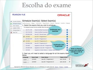 Escolha do exame


         Certiﬁcação Java
            Associate




              Certiﬁcação Java
                Programmer
                                    Direto na Pearson
                                 o preço está metade do
                                   cobrado no site da
                                         Oracle
 