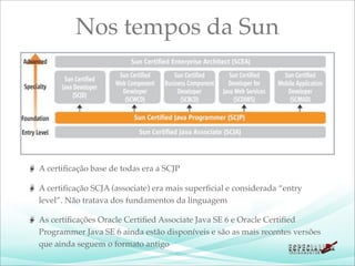 Nos tempos da Sun




A certiﬁcação base de todas era a SCJP

A certiﬁcação SCJA (associate) era mais superﬁcial e considerada “entry
level”. Não tratava dos fundamentos da linguagem

As certiﬁcações Oracle Certiﬁed Associate Java SE 6 e Oracle Certiﬁed
Programmer Java SE 6 ainda estão disponíveis e são as mais recentes versões
que ainda seguem o formato antigo
 