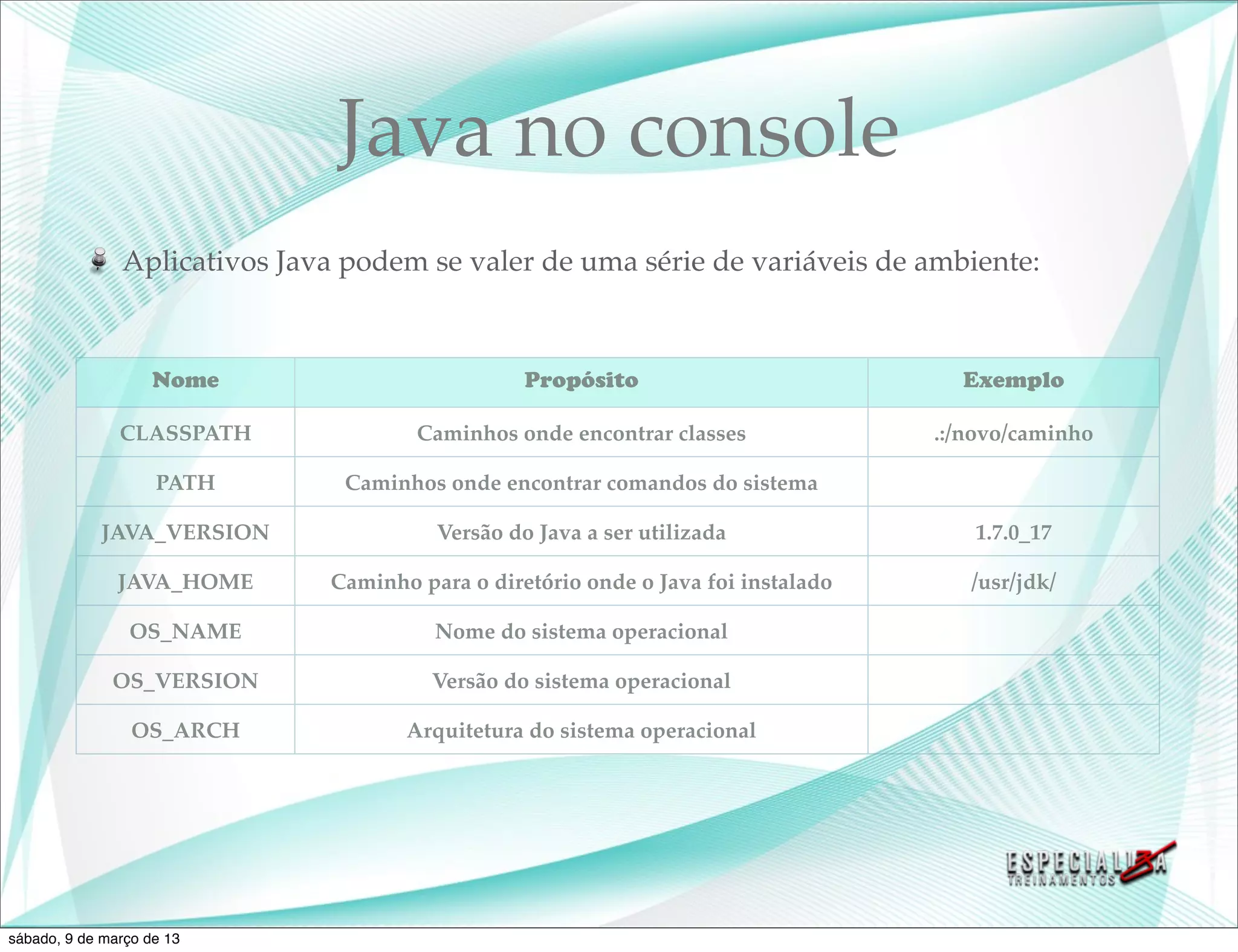 Java no console
               Aplicativos Java podem se valer de uma série de variáveis de ambiente:



                    Nome                         Propósito                           Exemplo

               CLASSPATH              Caminhos onde encontrar classes              .:/novo/caminho

                    PATH       Caminhos onde encontrar comandos do sistema

            JAVA_VERSION                Versão do Java a ser utilizada                1.7.0_17

               JAVA_HOME      Caminho para o diretório onde o Java foi instalado      /usr/jdk/

                OS_NAME                 Nome do sistema operacional

              OS_VERSION                Versão do sistema operacional

                 OS_ARCH             Arquitetura do sistema operacional




sábado, 9 de março de 13
 