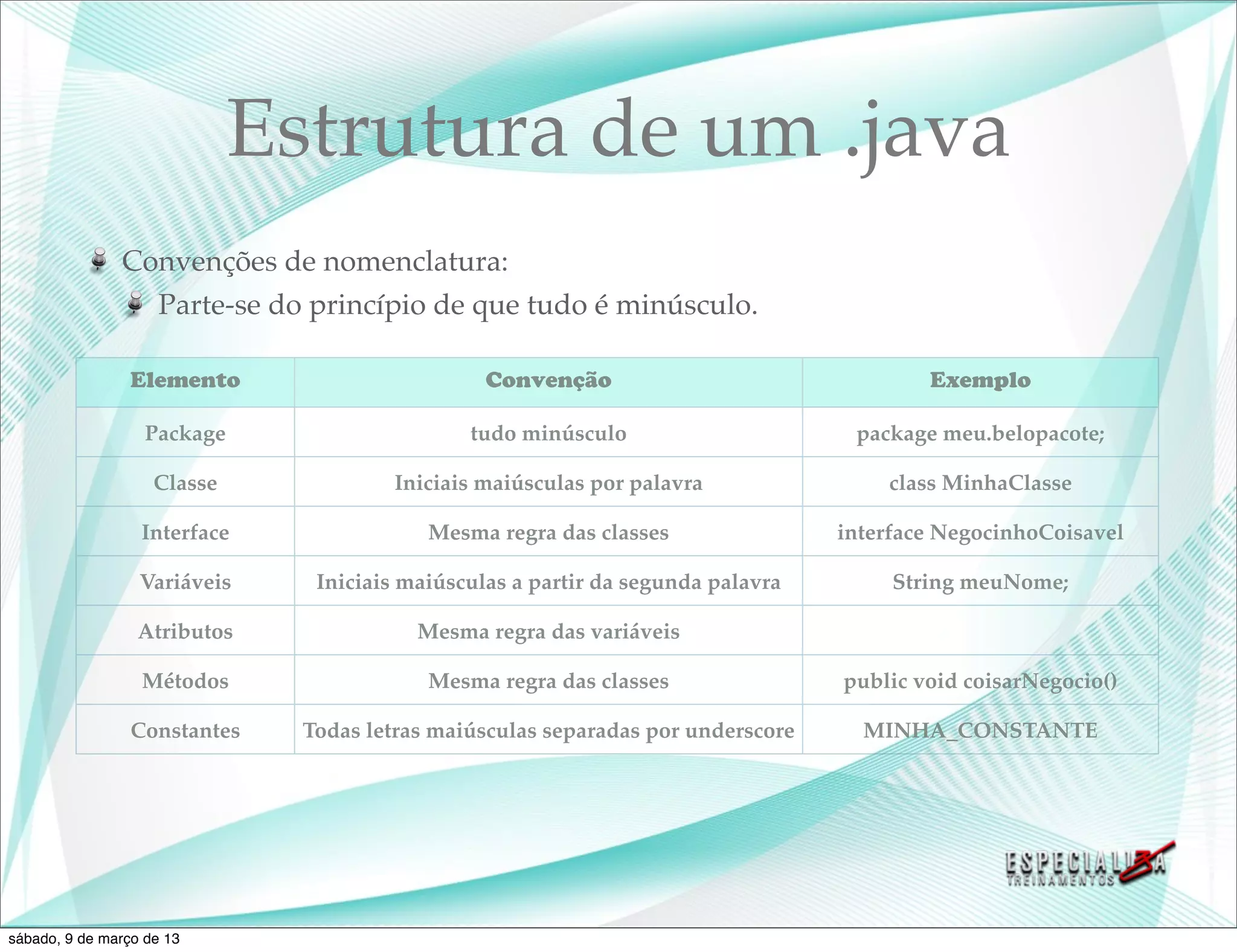 Estrutura de um .java
               Convenções de nomenclatura:
                 Parte-se do princípio de que tudo é minúsculo.

                 Elemento                        Convenção                                Exemplo

                   Package                     tudo minúsculo                      package meu.belopacote;

                    Classe             Iniciais maiúsculas por palavra                class MinhaClasse

                  Interface                Mesma regra das classes                interface NegocinhoCoisavel

                  Variáveis     Iniciais maiúsculas a partir da segunda palavra        String meuNome;

                  Atributos               Mesma regra das variáveis

                  Métodos                  Mesma regra das classes                public void coisarNegocio()

                 Constantes    Todas letras maiúsculas separadas por underscore     MINHA_CONSTANTE




sábado, 9 de março de 13
 