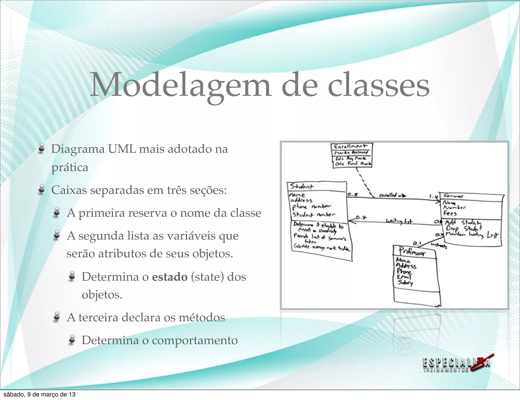 Modelagem de classes
               Diagrama UML mais adotado na
               prática
               Caixas separadas em três seções:
                    A primeira reserva o nome da classe
                    A segunda lista as variáveis que
                    serão atributos de seus objetos.
                           Determina o estado (state) dos
                           objetos.
                    A terceira declara os métodos
                           Determina o comportamento



sábado, 9 de março de 13
 