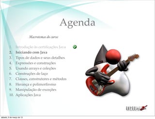 Agenda
                           Macrotemas do curso:

         1.     Introdução às certiﬁcações Java
         2.     Iniciando com Java
         3.     Tipos de dados e seus detalhes
         4.     Expressões e construções
         5.     Usando arrays e coleções
         6.     Construções de laço
         7.     Classes, construtores e métodos
         8.     Herança e polimorﬁrsmo
         9.     Manipulação de exceções
         10.    Aplicações Java




sábado, 9 de março de 13
 