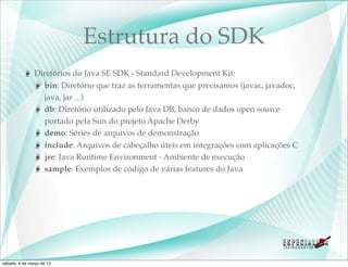 Estrutura do SDK
               Diretórios do Java SE SDK - Standard Development Kit:
                 bin: Diretório que traz as ferramentas que precisamos (javac, javadoc,
                 java, jar ...)
                 db: Diretório utilizado pelo Java DB, banco de dados open source
                 portado pela Sun do projeto Apache Derby
                 demo: Séries de arquivos de demonstração
                 include: Arquivos de cabeçalho úteis em integrações com aplicações C
                 jre: Java Runtime Environment - Ambiente de execução
                 sample: Exemplos de código de várias features do Java




sábado, 9 de março de 13
 